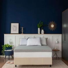 cama box solteiro bege com colchão guldi dream mola ensacada (30x88x188) e 1 travesseiro guldi dream branco e azul