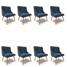 Kit 08 Cadeiras de Jantar Liz Suede Azul Marinho Pés Palito Castanho D