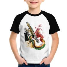 Camiseta Raglan Infantil Guitarra Reggae - Foca na Moda, Branco, Preto