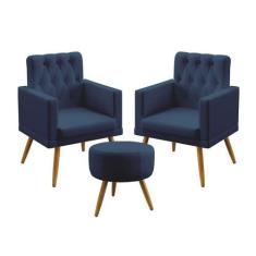 Kit 2 Poltronas Decorativas Estofada Nina e Puff Solar Com Rodapé E Bo
