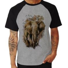 Camiseta Raglan Elefante Watercolor - Foca na Moda, Cinza, Preto, GGG