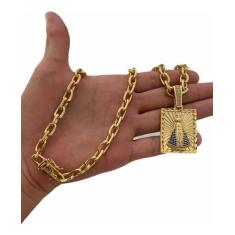 Cordão Cadeado 8mm Pingente e Fecho N.Senhora Banhado a Ouro - Tojoia1