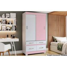 Guarda Roupas 2 Portas de Correr e 4 Gavetas Briz BE25 Branco/Rosa - Henn