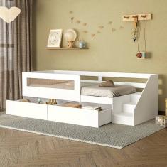 Cama Infantil Space Solteiro com 2 Gavetas, Rattan, Grade de Proteção e Escada de Acesso Casatema Branco
