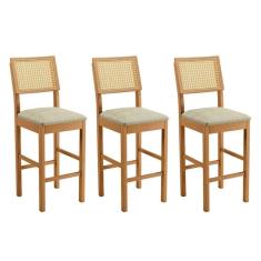 Conjunto 3 Banquetas Jade 03 Madeira Maciça Jcm Encosto Rattan E Linho Bege