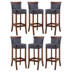 Kit 6 Banquetas Alta com Encosto Estofado Diamantina em Madeira Maciça Imbuia Linho Cinza L67 RMI