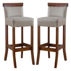 Kit 2 Banquetas Alta com Encosto Estofado Diamantina em Madeira Maciça Imbuia Linho Bege M58 RMI