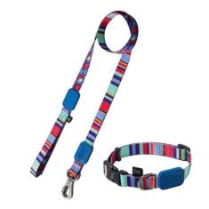 Coleira Ajustável e Guia para Cães Raios e Listras Azul - P - Eleven