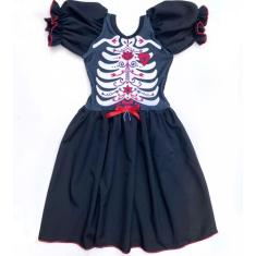 Vestido Tema Caveira Mexicana Halloween Fantasia Moda Infantil Menina-