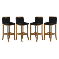 Kit 4 Banquetas Média Encosto Estofado 38x92Cm Turim Madeira Maciça Amêndoa Suede Preto CCS