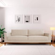 Sofá 4 Lugares 240cm Movie Estilo Moderno Linho Pés em Madeira Maciça Bege/Cinza Claro