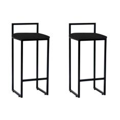 Kit 2 Banquetas Alta Industrial Premium Bar Cozinha Bistrô Aço Dori Preta Assento Corino Preto