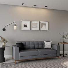 Sofá 3 Lugares Joy Pés e Base em Madeira Linho Cotton Cinza 180 cm