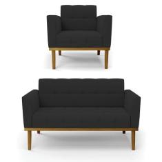 Sofá Namoradeira e Poltrona Base de Madeira Castanho Elisa Veludo D03 