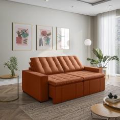 Sofá Cama Retrátil e Reclinável 3 Lugares 220cm em Veludo com Molas e Braço Reto Palmeira Cabecasa M Terracota