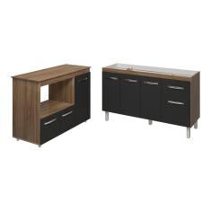 Balcão Armário Camila Cozinha Gabinete De Pia 140 Cm E Balcão Para Forno Elétrico E Microondas Lilian Savana Preto