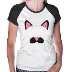 Baby Look Raglan Gatinha Orelhinha - Foca na Moda, Branco, Preto, G