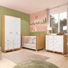 Quarto de Bebê Completo com Guarda Roupa 3 Portas Cômoda e Berço 100% Mdf Mimo Espresso Móveis Branco Brilho/Amêndoa