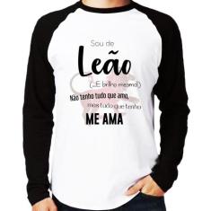 Camiseta Raglan Sou de Leão Manga Longa - Foca na Moda, Branco, Preto,