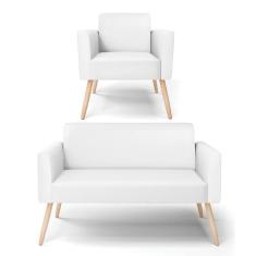 Sofá Namoradeira com Poltrona Pés Palito Natural Marisa material sinté