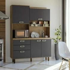 Cozinha Compacta 4 Portas 3 Gavetas Ravena Batrol Móveis Ipê Nobre/Grafite