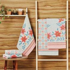 Kit toalha de banho+toalha de rosto estampada-lepper algodão, FLORAL R