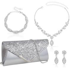 4 peças de bolsa de embreagem prata conjunto de joias para mulheres strass brilhante noite bolsa bolsa de mão bolsas para presente de festa de casamento, Prata