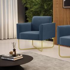 Poltrona Sala Decorativa Marisa Aço Industrial X Dourado Suede Azul Ma