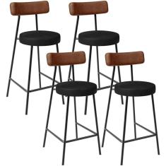 Kit 04 Banquetas Baixa Cozinha Sala Jantar Bancada Milão L02 Couríssimo Marrom Preto - Lyam Decor