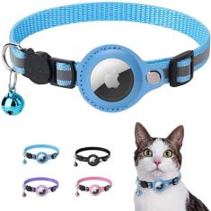 Coleira para gatos com suporte de airtag – Coleira refletiva ajustável para gatos com sino integrado, coleira de gatinho GPS, rastreador para meninas, meninos, gatos, filhotes (azul)