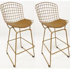Kit 2 Banquetas para Cozinha média Bertoia maciça cor Dourado fosco as
