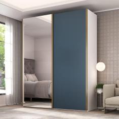 Guarda Roupa Solteiro com Espelho 2 Portas 3 Gavetas Veneto Branco/Azul