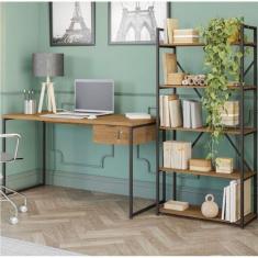 Escrivaninha Industrial 136cm com Gaveteiro e Estante Alta 5 Prateleiras Freijó/Preto Fosco