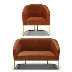 Sofá Namoradeira E Poltrona Base Industrial Dourado Stella Corano D03 - D`rossi Cor Nozes