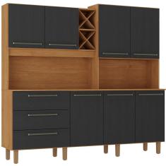 Armário de Cozinha Zanzini Ajax 7 portas 3 gavetas com adega 207 cm de Largura – Cinamomo/Preto Catedral