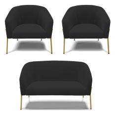 Sofá Namoradeira E 2 Poltronas Pé De Ferro Dourado Stella Veludo D03 - D'rossi Cor Preto
