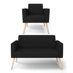 Sofá Namoradeira Com Poltrona Pés Palito Natural Marisa Linho Preto A79 D03 - D'rossi