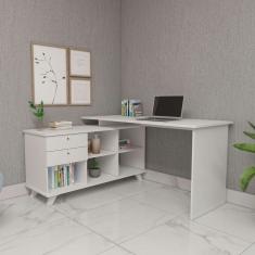 Escrivaninha Mesa Em L Escritório Com Gavetas E Nichos Gold Branco