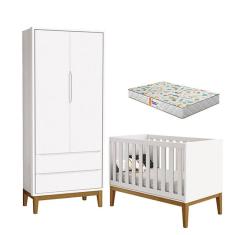 Berço Americano e Guarda Roupa 2 Portas New Classic Branco com Pés Madeira e Colchão Gazin - Reller 