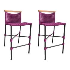 Kit 2 Banquetas Anne Em Corda Náutica Base Em Alumínio Preta Com Detalhe Em Madeira Rosa - Cor: Rosa