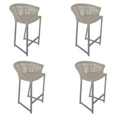 Kit 4 Banquetas Reis Em Corda Náutica E Base Em Alumínio Cinza Para área Gourmet Externa Areia Bege