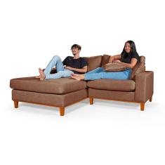 Sofa Living 2 Lugares Chaise Revestido Linho Base em Madeira
