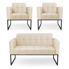 Kit 1 Sofá Namoradeira e 2 Poltronas Elisa Corino Base Metálica Industrial Preto - D`Rossi