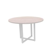 Mesa de Reunião Redonda 110 x 110 cm Pé Tubular PE25 em MDP Nogueira CasaBlanca e Base Branca