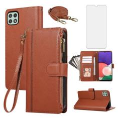 Asuwish Capa de celular para Samsung Galaxy A22 5G com zíper carteira celular com protetor de tela de vidro temperado alça transversal cordão suporte para cartão de crédito couro A 22 22A A22s G5