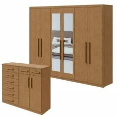 Conjunto de Guarda-roupa 6 Portas com Espelho Áries e Cômoda Toronto Amêndoa Clean