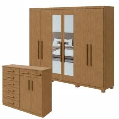 Conjunto de Guarda-roupa 6 Portas com Espelho e Pés Áries e Cômoda Toronto Amêndoa Clean