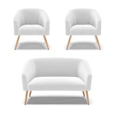 Kit 1 Sofá Namoradeira E 2 Poltronas Stella Bouclê Off White Pés Palito Natural - D`rossi