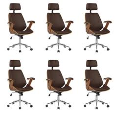Kit 6 Cadeiras de Escritório Presidente Giratória com Apoia Cabeça Office Lisboa Marrom