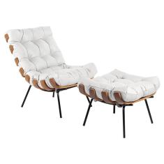 Poltrona e Puff Decorativos Costela Couro Branco